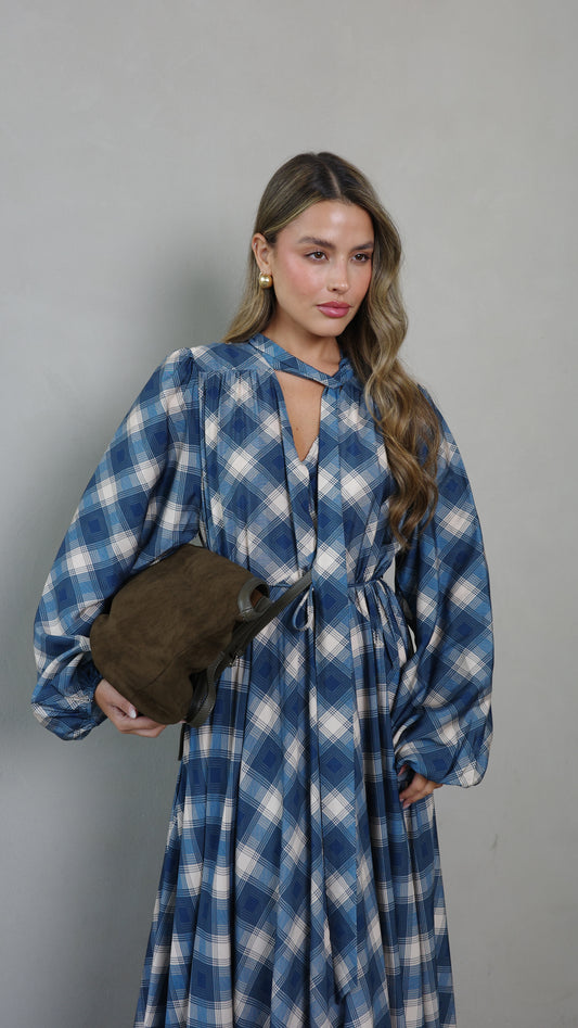 שמלת קלוש עניבה קארינה משבצות | בז/כחול