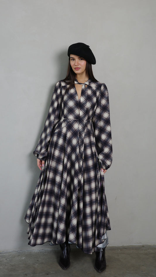 שמלת קלוש עניבה קארינה משבצות | בז/אפור