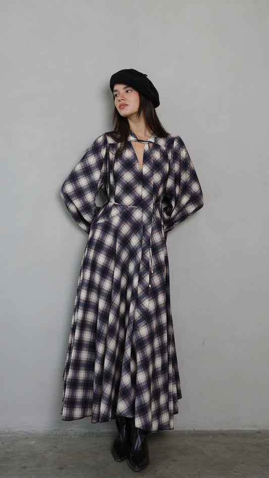 שמלת קלוש עניבה קארינה משבצות | בז/אפור