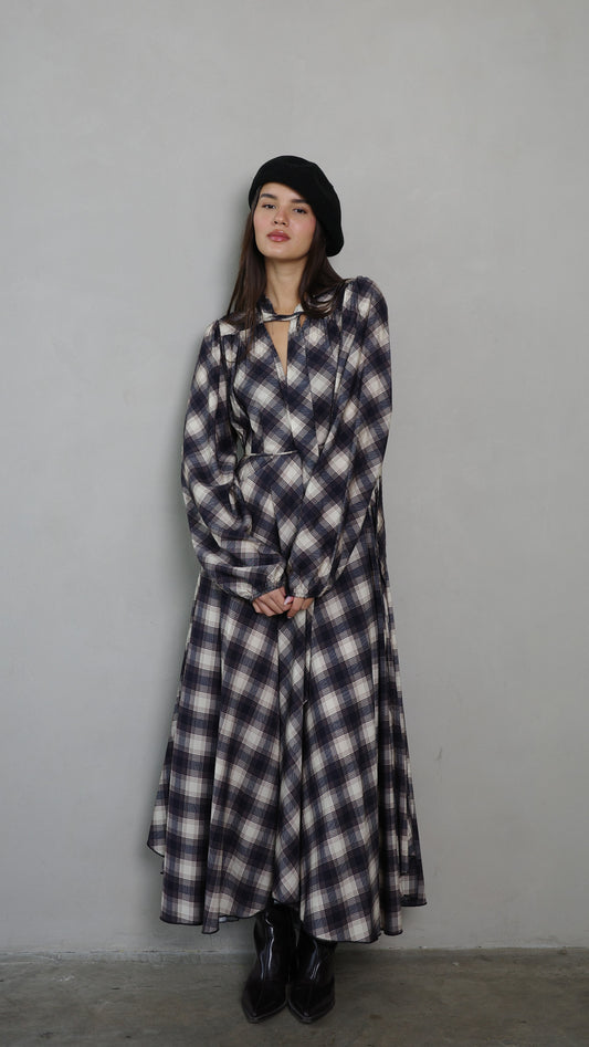 שמלת קלוש עניבה קארינה משבצות | בז/אפור