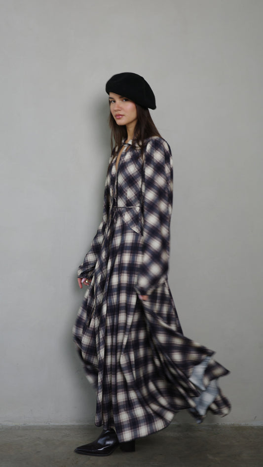 שמלת קלוש עניבה קארינה משבצות | בז/אפור