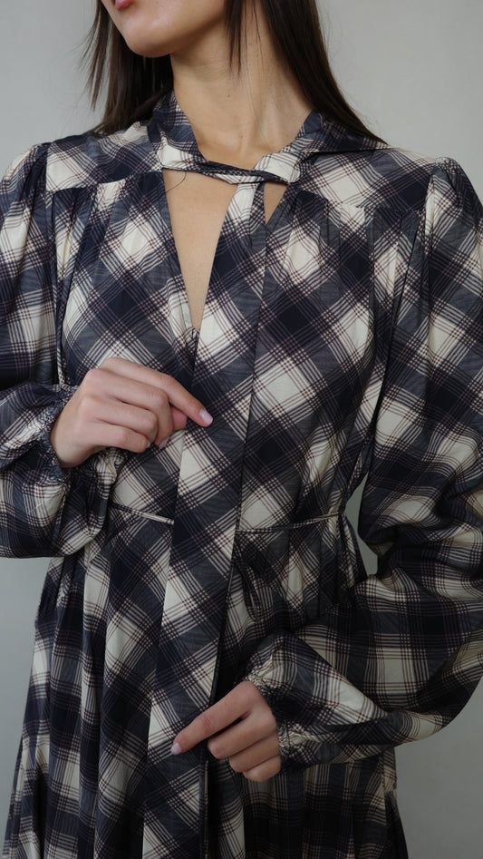 שמלת קלוש עניבה קארינה משבצות | בז/אפור