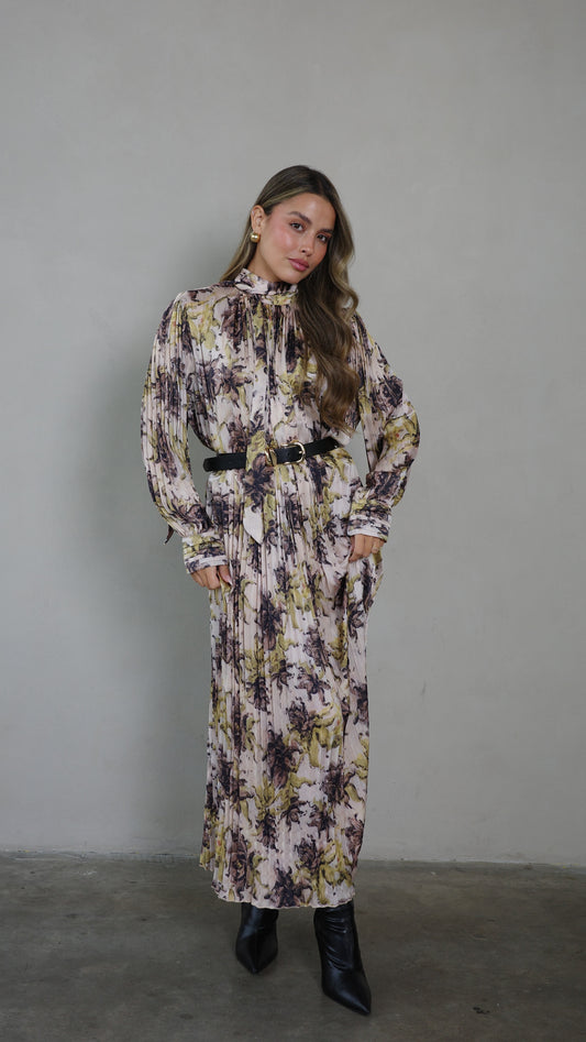 שמלת מידי פליסה קנדרה | בז/ירוק