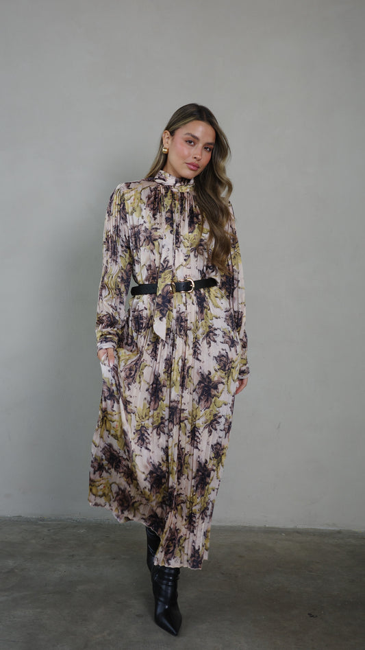 שמלת מידי פליסה קנדרה | בז/ירוק