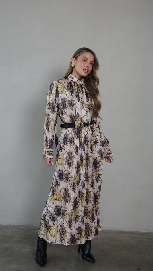 שמלת מידי פליסה קנדרה | בז/ירוק