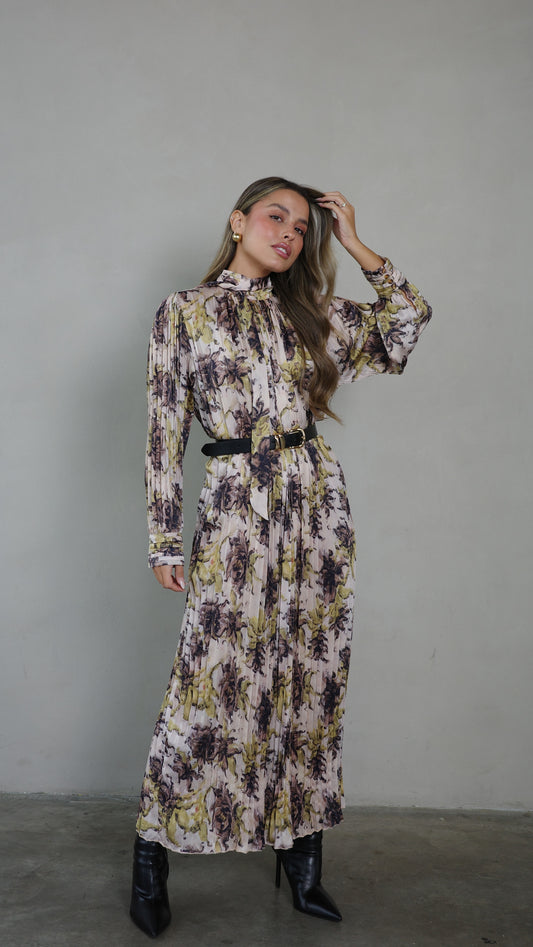 שמלת מידי פליסה קנדרה | בז/ירוק