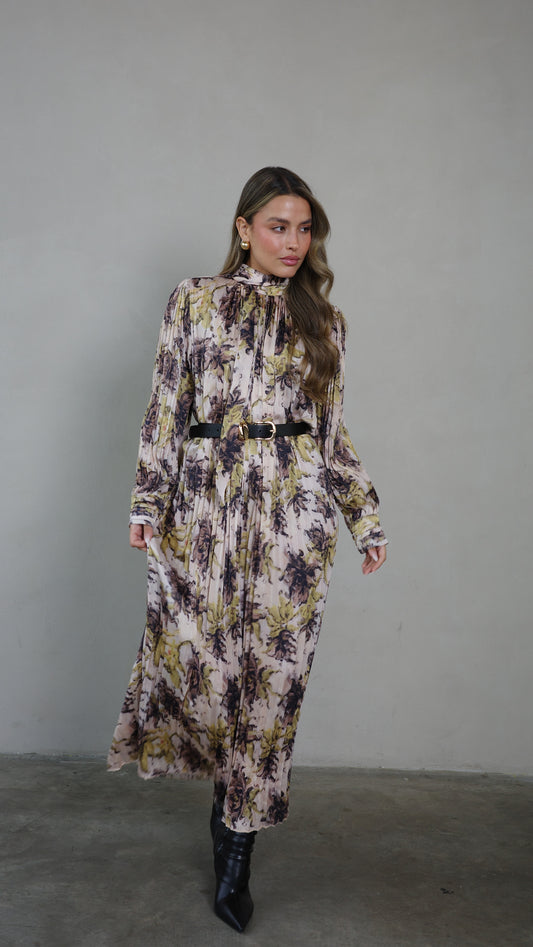 שמלת מידי פליסה קנדרה | בז/ירוק