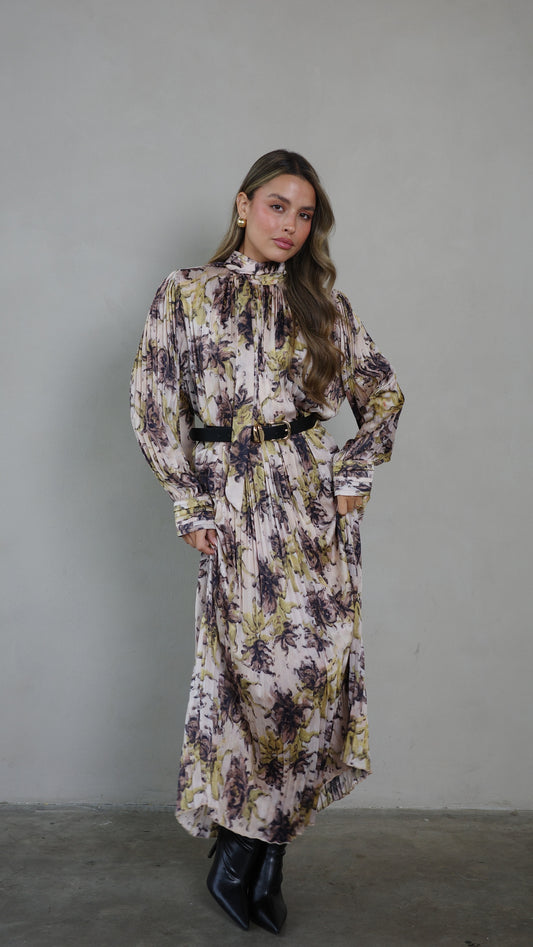 שמלת מידי פליסה קנדרה | בז/ירוק