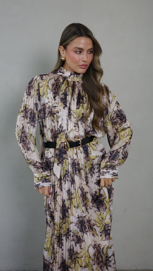 שמלת מידי פליסה קנדרה | בז/ירוק