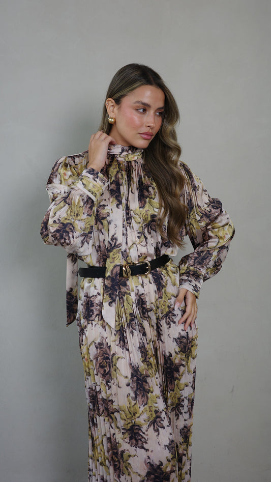 שמלת מידי פליסה קנדרה | בז/ירוק