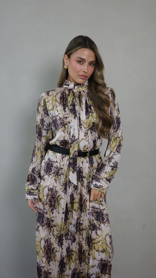 שמלת מידי פליסה קנדרה | בז/ירוק