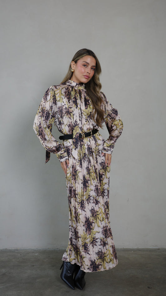 שמלת מידי פליסה קנדרה | בז/ירוק