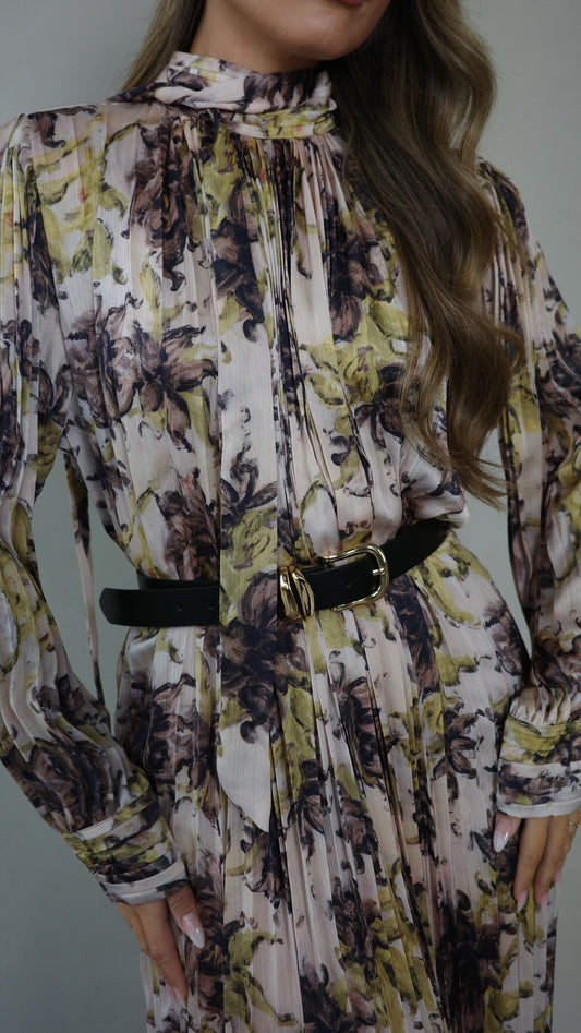 שמלת מידי פליסה קנדרה | בז/ירוק