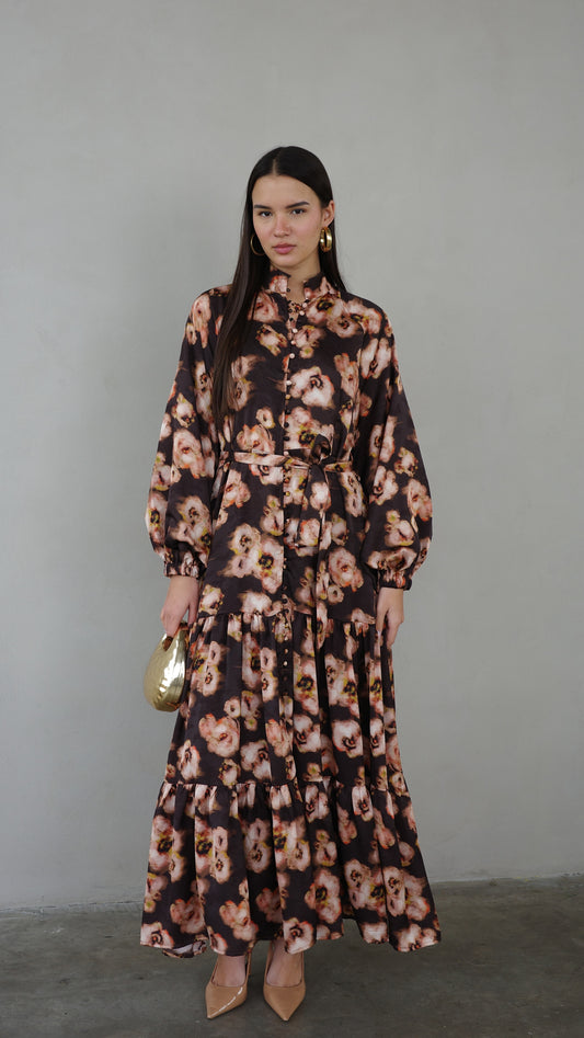 שמלת מקסי קלוש קומות פלווארס | חום/אפרסק