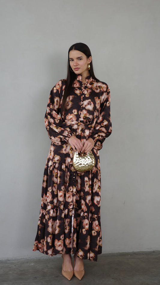 שמלת מקסי קלוש קומות פלווארס | חום/אפרסק