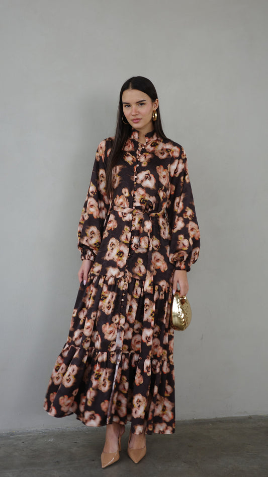 שמלת מקסי קלוש קומות פלווארס | חום/אפרסק