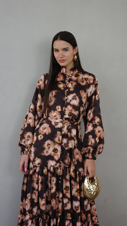 שמלת מקסי קלוש קומות פלווארס | חום/אפרסק