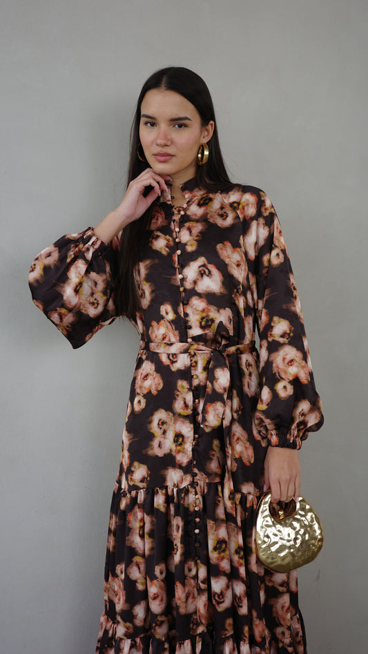 שמלת מקסי קלוש קומות פלווארס | חום/אפרסק