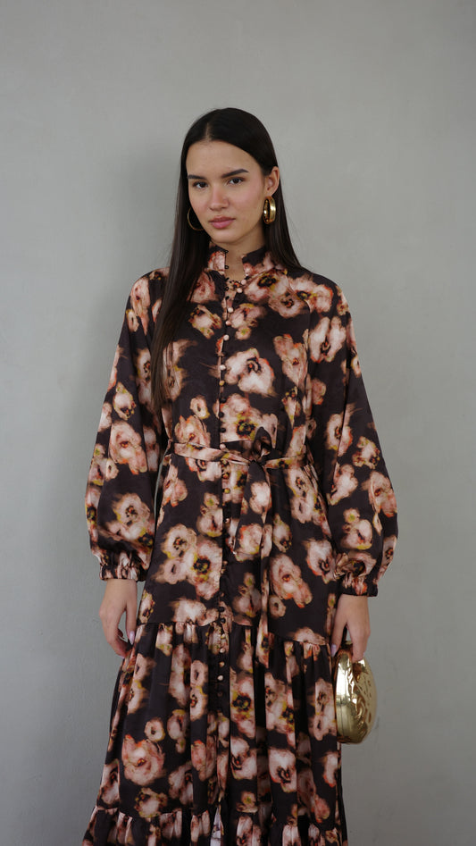 שמלת מקסי קלוש קומות פלווארס | חום/אפרסק