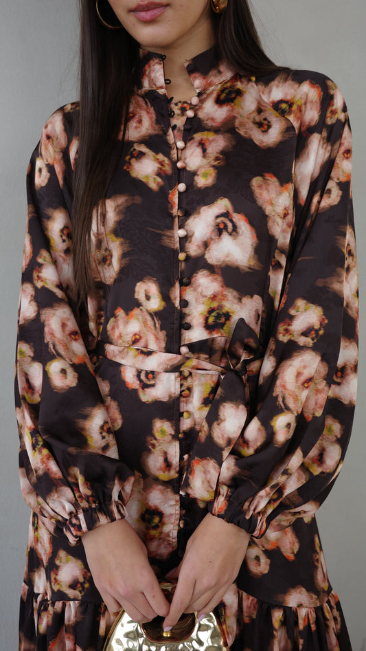 שמלת מקסי קלוש קומות פלווארס | חום/אפרסק