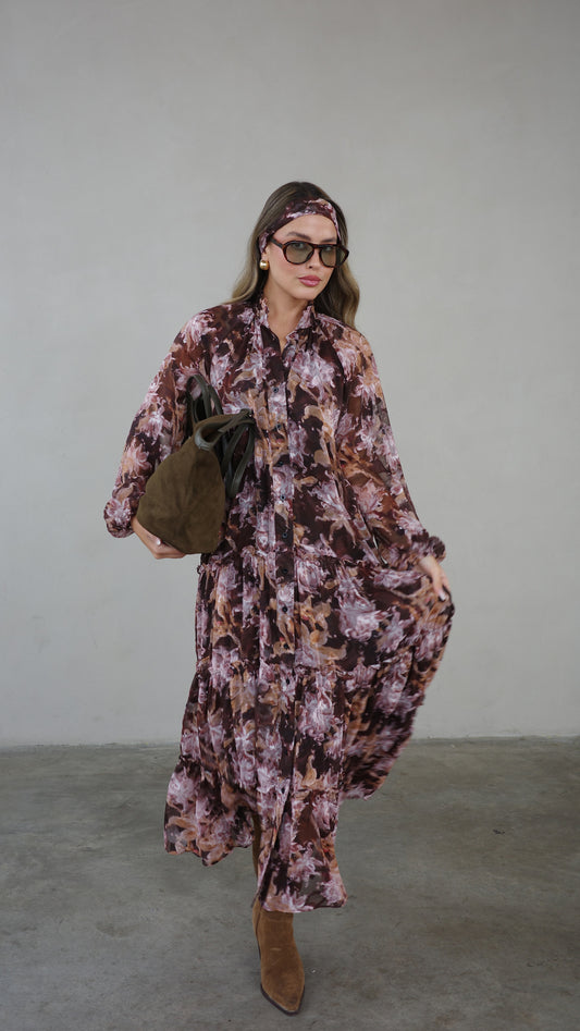 שמלת שיפון קלוש קומות פלווארס נויה | חום