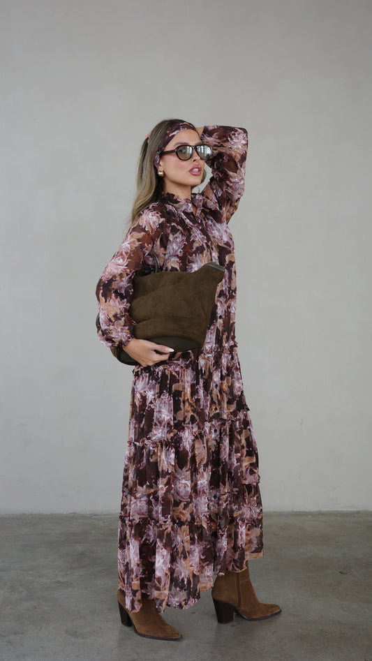 שמלת שיפון קלוש קומות פלווארס נויה | חום