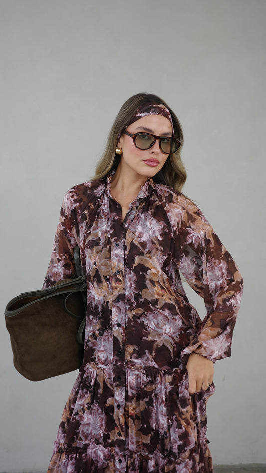 שמלת שיפון קלוש קומות פלווארס נויה | חום