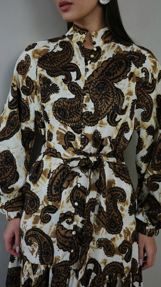 שמלת מקסי קלוש קומות פייזלי | בז/חום