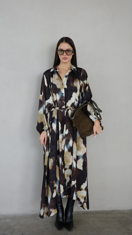 שמלת מקסי אוברסייז כפתורים ניקולה | חום/בז