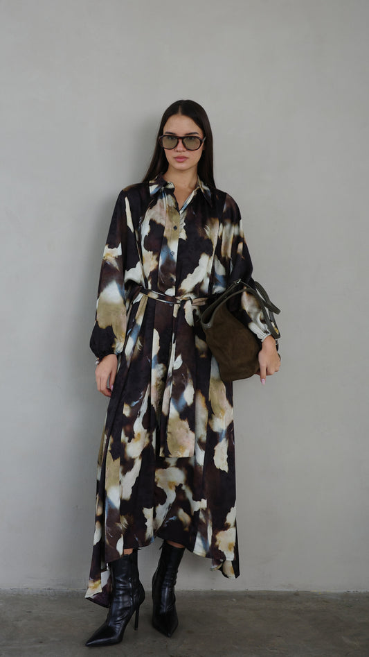 שמלת מקסי אוברסייז כפתורים ניקולה | חום/בז