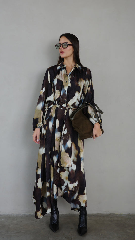 שמלת מקסי אוברסייז כפתורים ניקולה | חום/בז