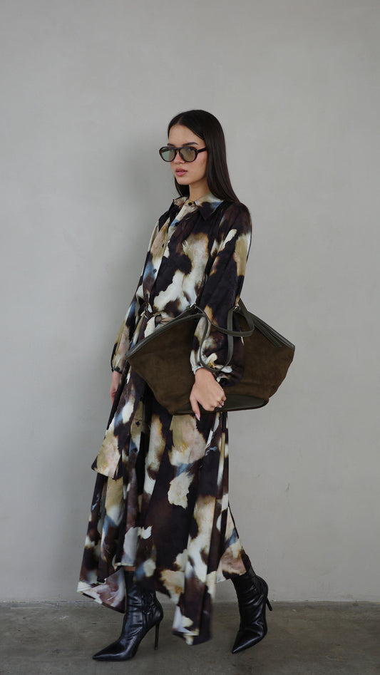 שמלת מקסי אוברסייז כפתורים ניקולה | חום/בז