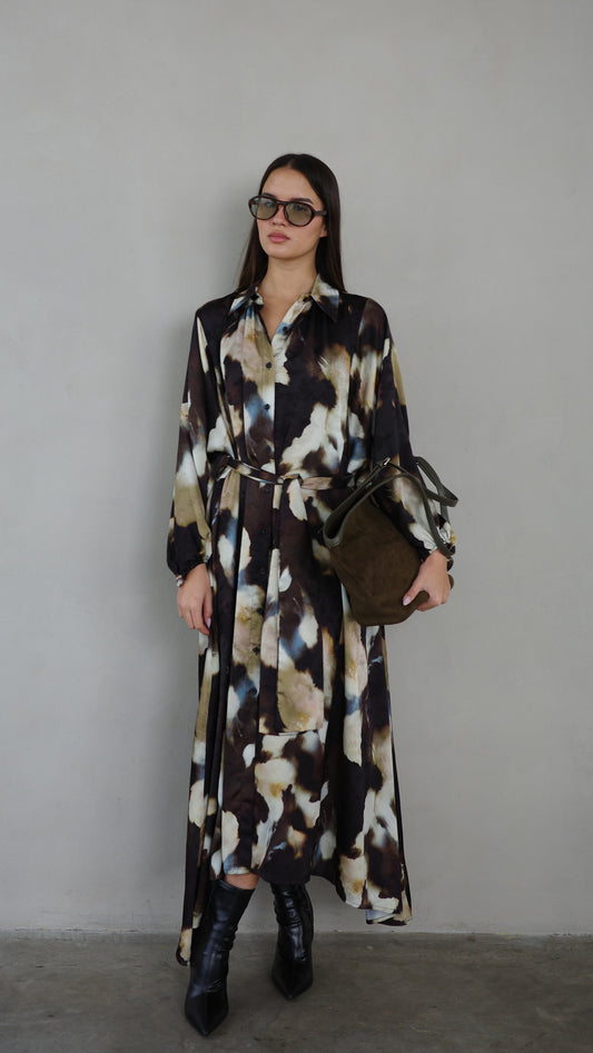 שמלת מקסי אוברסייז כפתורים ניקולה | חום/בז