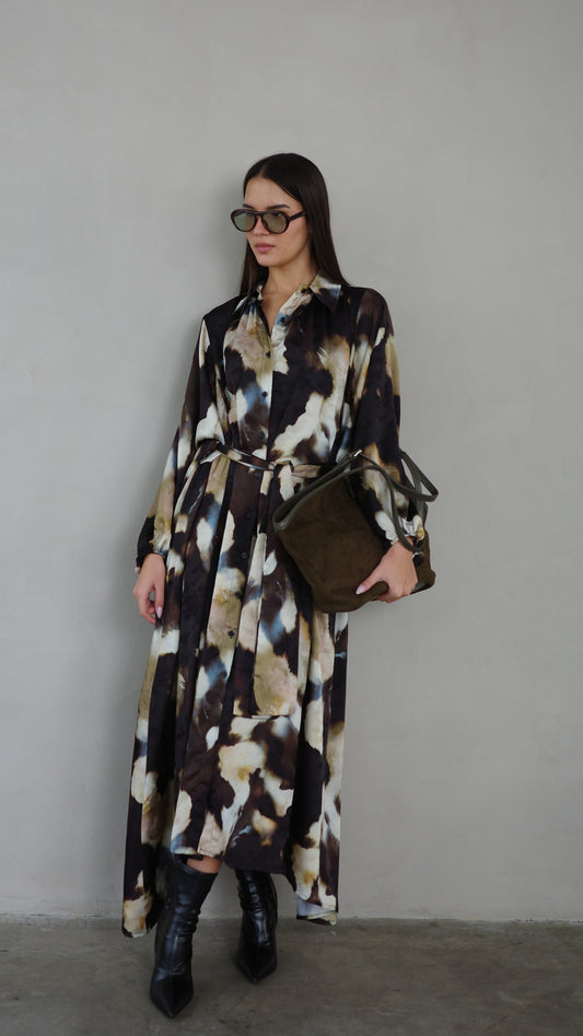 שמלת מקסי אוברסייז כפתורים ניקולה | חום/בז