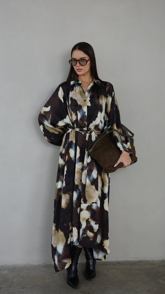 שמלת מקסי אוברסייז כפתורים ניקולה | חום/בז