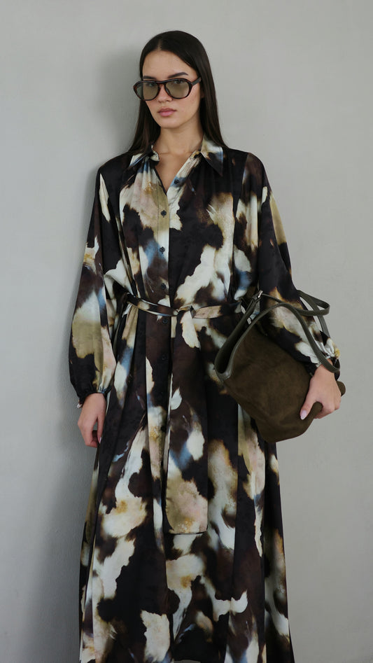 שמלת מקסי אוברסייז כפתורים ניקולה | חום/בז