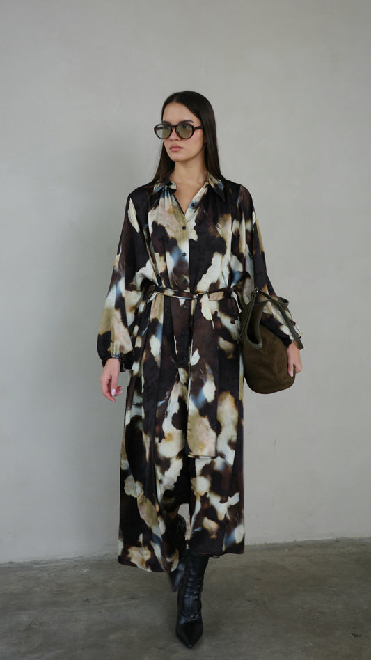 שמלת מקסי אוברסייז כפתורים ניקולה | חום/בז