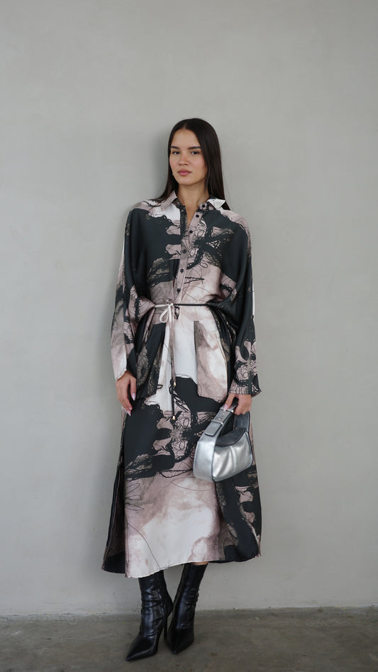 שמלת מקסי אוברסייז עטלף הילטון | שחור/בז