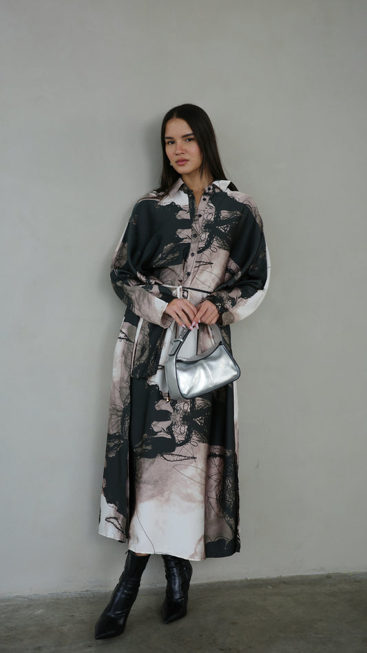 שמלת מקסי אוברסייז עטלף הילטון | שחור/בז