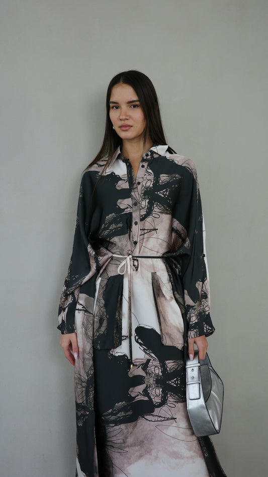 שמלת מקסי אוברסייז עטלף הילטון | שחור/בז