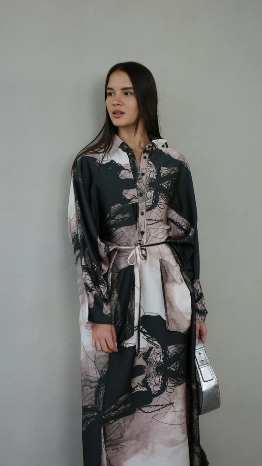 שמלת מקסי אוברסייז עטלף הילטון | שחור/בז