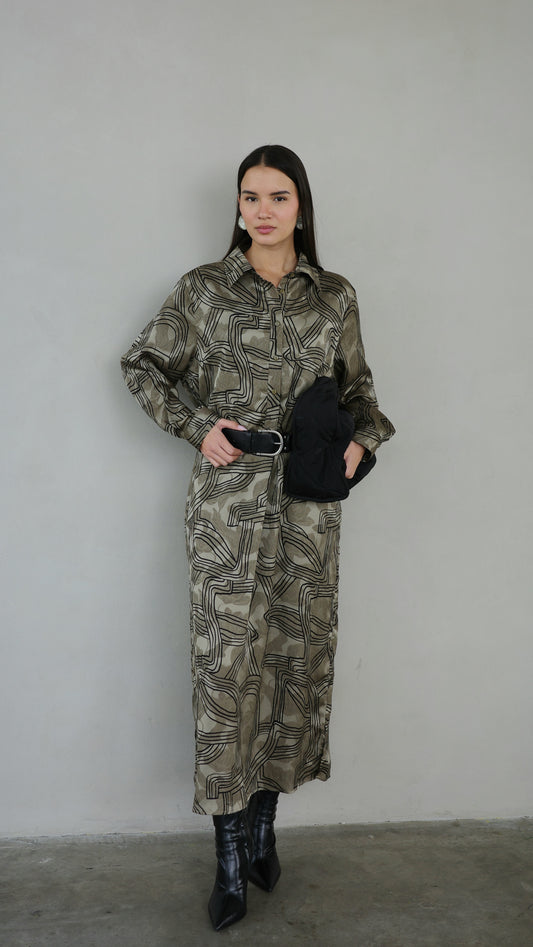 שמלת מקסי גלביה קלאסי מישל | חום/ירוק