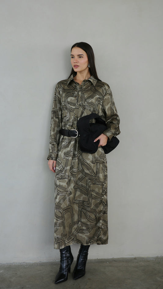 שמלת מקסי גלביה קלאסי מישל | חום/ירוק