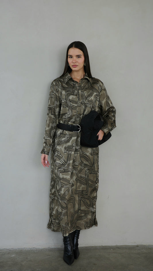 שמלת מקסי גלביה קלאסי מישל | חום/ירוק