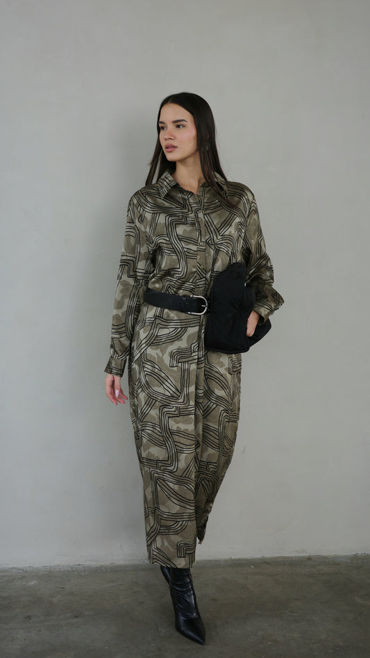 שמלת מקסי גלביה קלאסי מישל | חום/ירוק