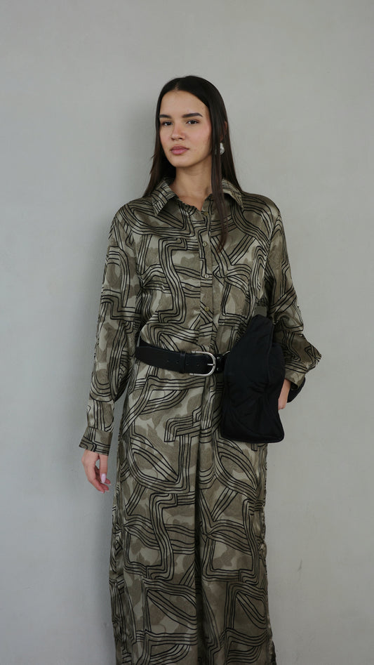 שמלת מקסי גלביה קלאסי מישל | חום/ירוק