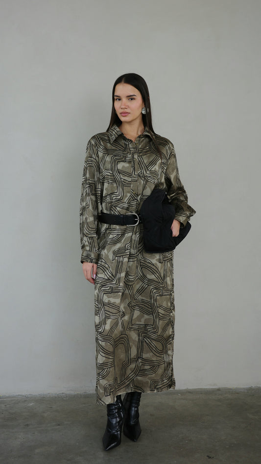 שמלת מקסי גלביה קלאסי מישל | חום/ירוק