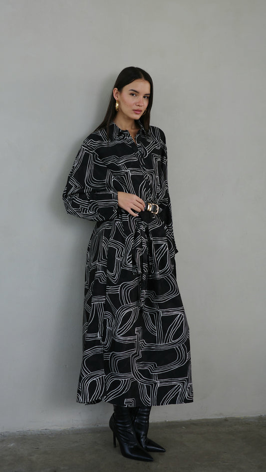 שמלת מקסי גלביה קלאסי מישל | שחור/לבן