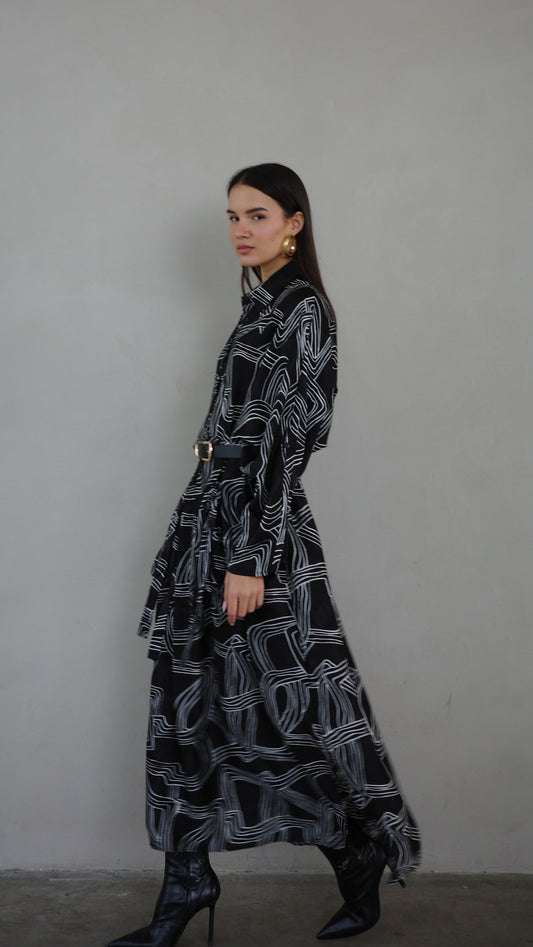 שמלת מקסי גלביה קלאסי מישל | שחור/לבן