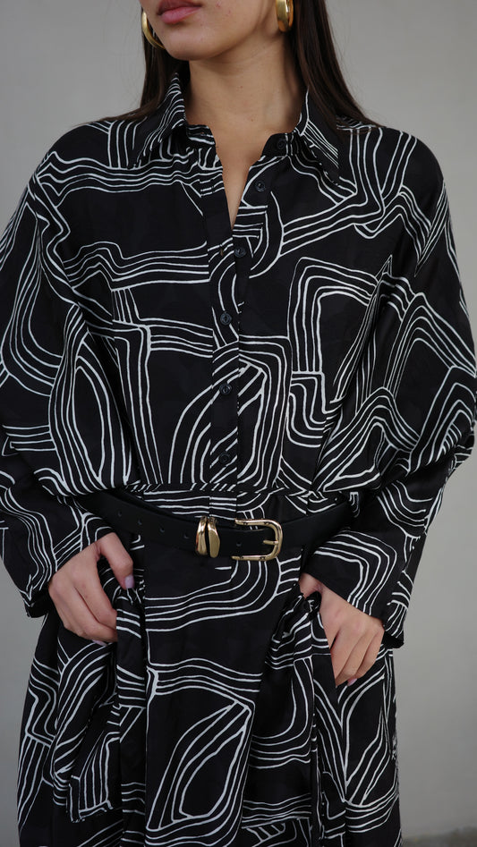 שמלת מקסי גלביה קלאסי מישל | שחור/לבן